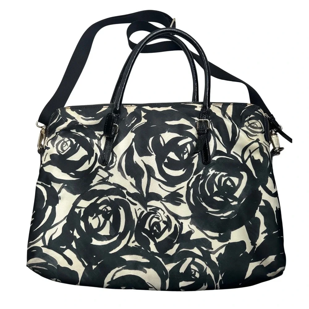 Kate Spade Black White Rose Floral Nylon Laptop Bag Crossbody Tote